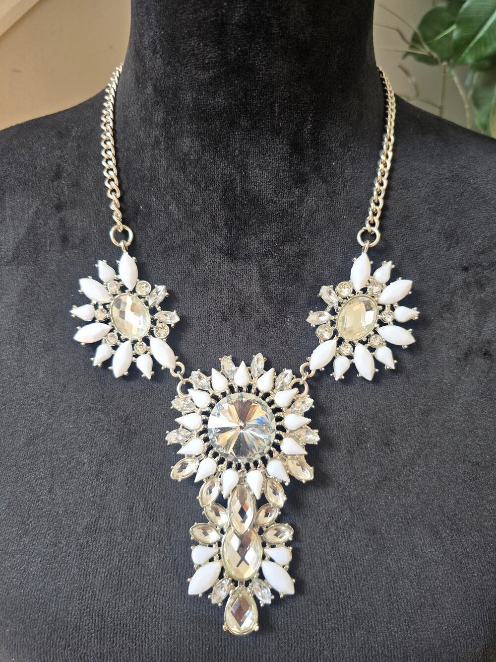 White Crystal Floral Bib Statement Necklace